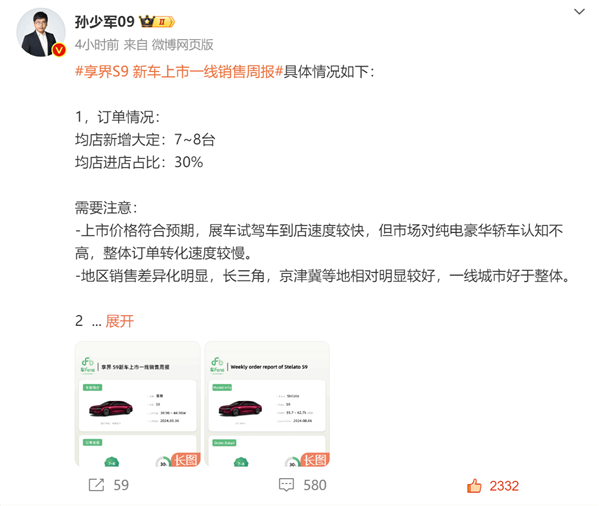 博主曝享界S9八成客户选顶配：对比BBA感受超预期